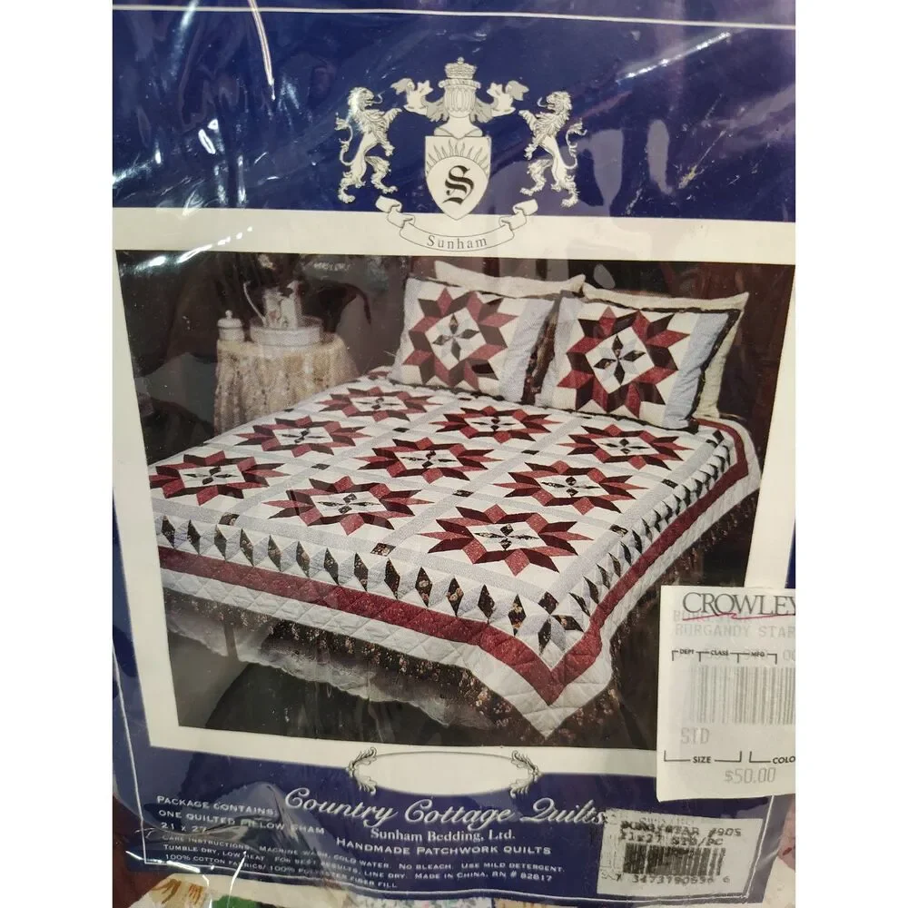 NOS Vtg Country Cottage Quilts Burgundy Star Patchwork Quilt Shams Set